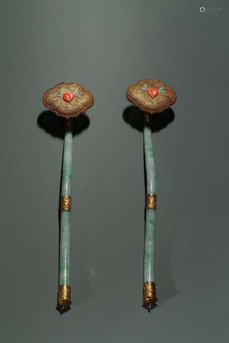 PAIR OF JADEITE RUYI SCEPTERS WITH ZITAN STANDS