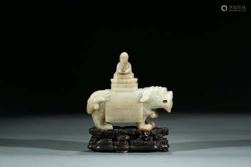 A CHINESE JADE MYTHICAL BEAST AND ARHAT CENSER