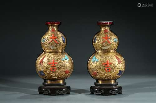 PAIR OF CHINESE GILT BRONZE DOUBLE GOURD WALL PANELS