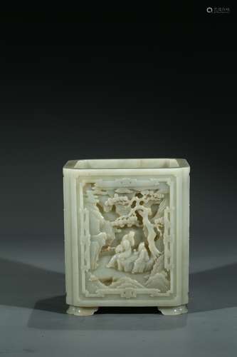 A CHINESE WHITE JADE SQUARE BRUSHPOT