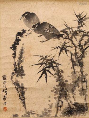 A CHINESE INK ON PAPER 'BIRDS AND ROCK' PAINTING