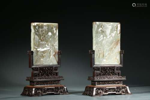 PAIR OF CHINESE WHITE JADE TABLE SCREENS