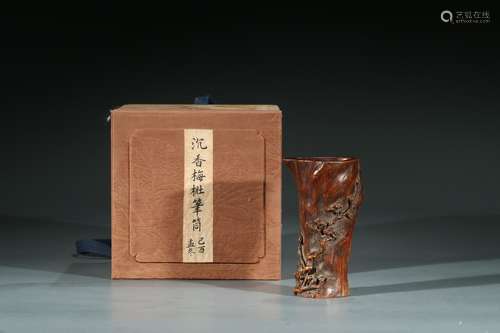 A CHINESE AGARWOOD 'TRUNK' BRUSHPOT