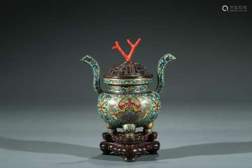 A CLOISONNE ENAMEL TRIPOD CENSER WITH STAND