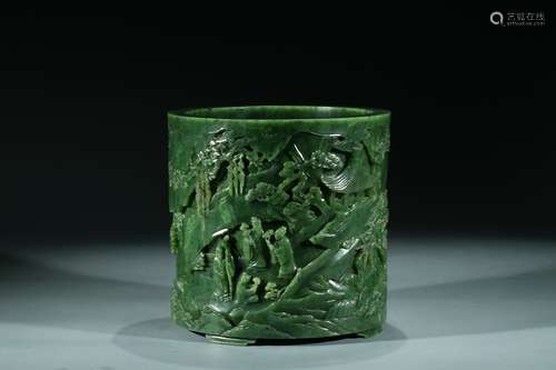 A CHINESE GREEN JADE 'LANDSCAPE' BRUSHPOT