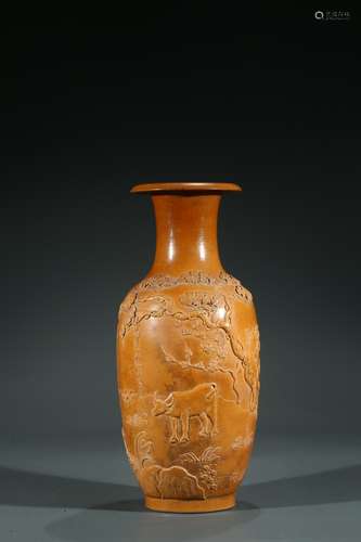 A CHINESE YELLOW GLAZED CARVED VASE