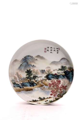 A CHINESE FAMILLE ROSE LANDSCAPE BLACK GLAZE DISH