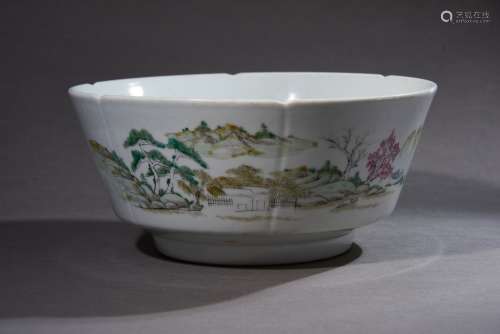 A LARGE FAMILLE ROSE 'LANDSCAPE' BOWL