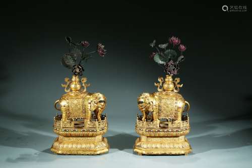 PAIR OF CHINESE GILT-BRONZE 'ELEPHANTS AND VASES' ON STANDS