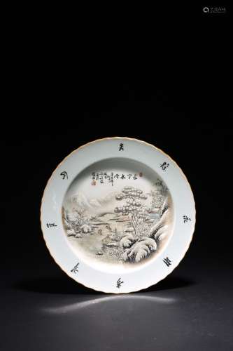 CHINESE FAMILLE ROSE 'SNOW RIVERSCAPE' DISH, XU REN