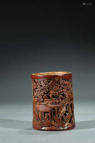 A CHINESE BAMBOO 'LANDSCAPE' INSCRIBED BRUSHPOT