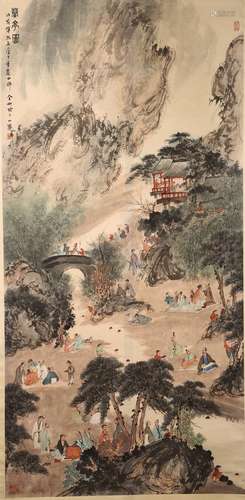 COLOR AND INK ON PAPER 'LITERATI GATHERING' PAINTING, FU BAOSHI