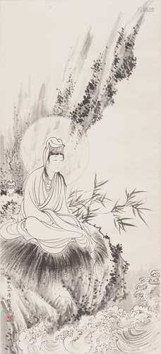 AN INK ON PAPER 'GUANYIN' PAINTING, PU RU