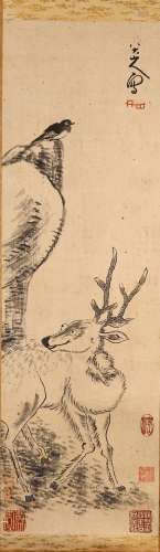 INK ON PAPER 'DEER AND BIRD' PAINTING, BADA SHANREN(1626-1705)