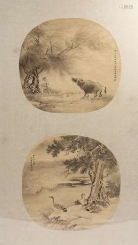 INK ON PAPER 'BUFFALO' AND 'DUCK' PAINTING, JIN CHENG