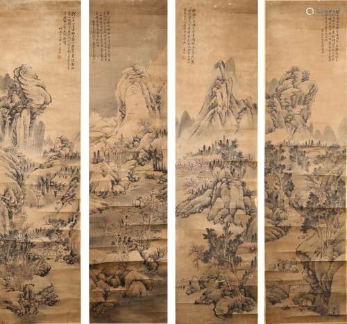 SET OF FOUR INK ON PAPER LANDSCAPES, XI GANG(1746-1803)