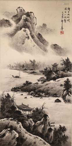 AN INK ON PAPER LANDSCAPE PAINTING, QI DASHOU