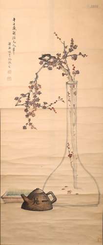 A CHINESE COLOR AND INK 'PLUM VASE' PAINTING