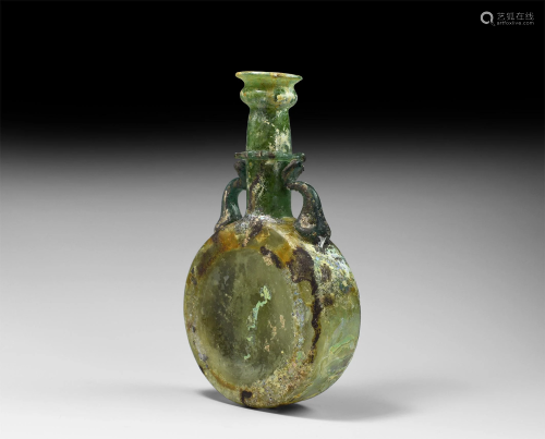 Roman Green Glass Handled Flask