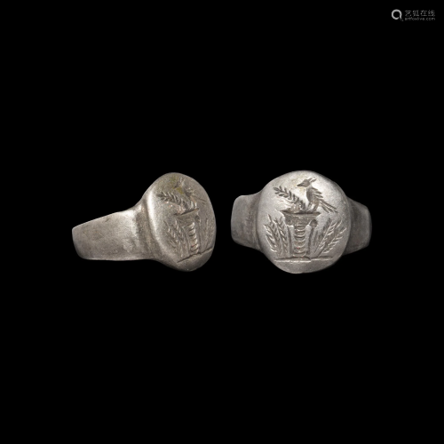 Roman Silver Ring with Bird on Altar