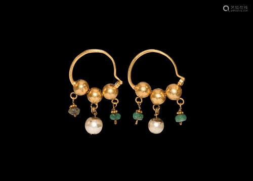 Gold Earrings with Emerald and Pearl Drops