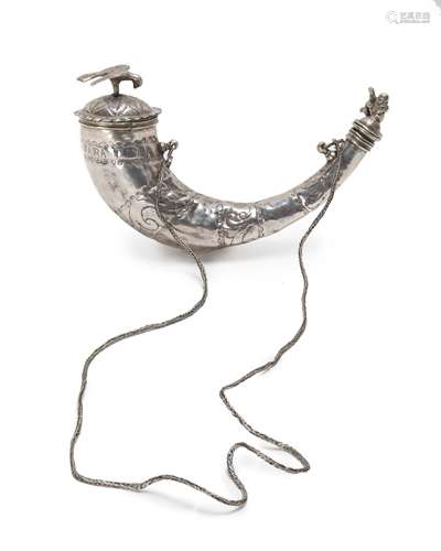 A Peruvian Cusco wine horn with braided silver strap