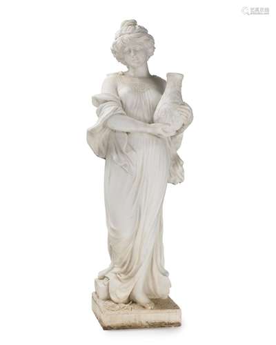 A carved white marble garden sculpture of a woman