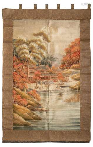 A Japanese embroidered wall hanging