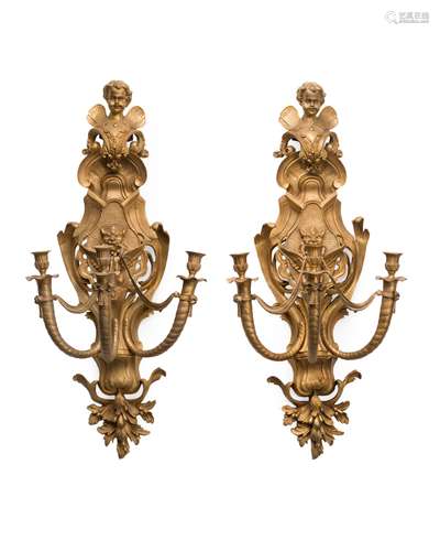 A pair of gilt-bronze three-light sconces