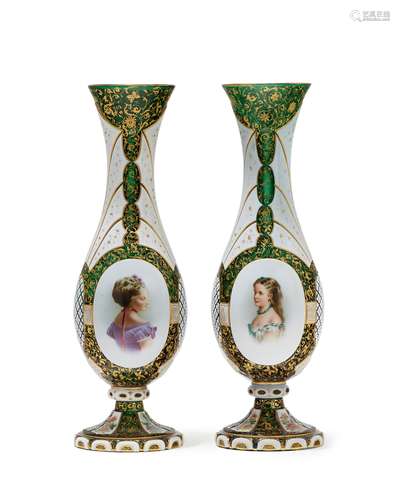 A pair of Bohemian cut-glass portrait vases