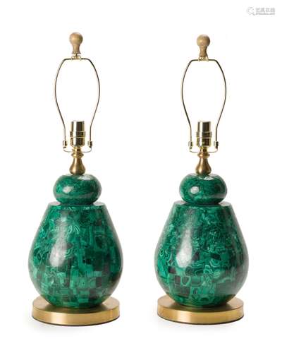 A pair of malachite lamps with shades