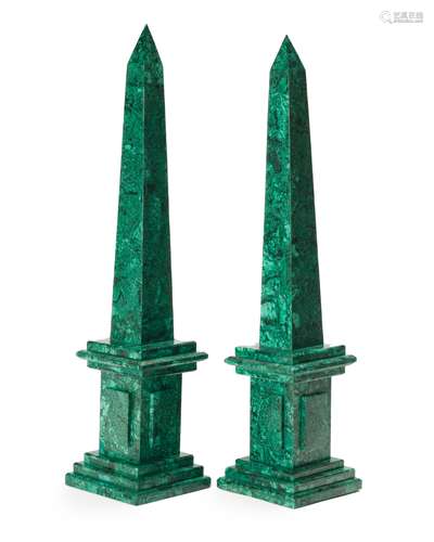 A pair of Russian-style malachite veneered obelisks