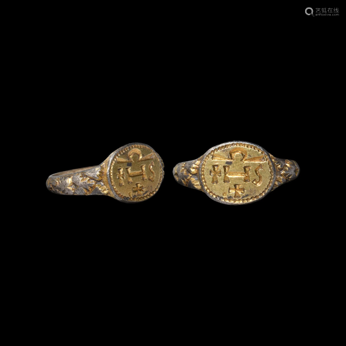 Elizabethan Gilt Silver Signet Ring with IHS