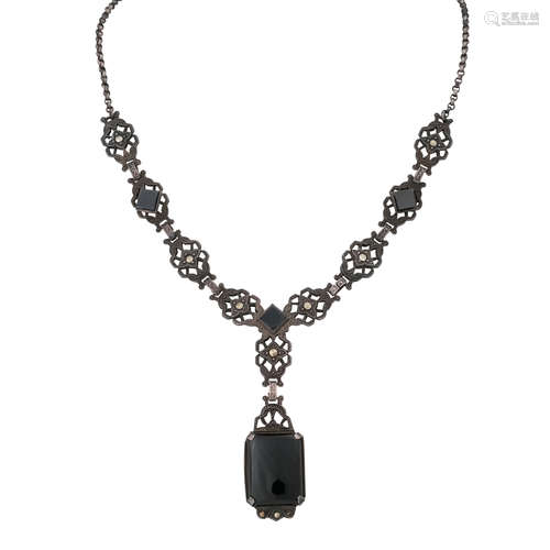 Art Déco Collier mit Onyx und Markasit,Silber, L. ca. 56 cm, 1. H. 20. Jh., schöner Zustand!