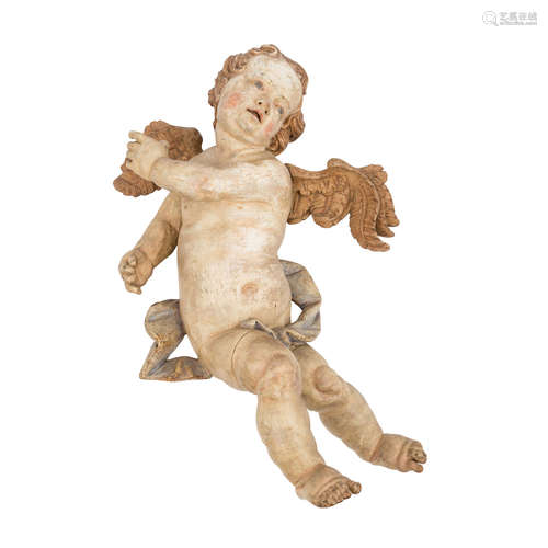 BILDSCHNITZER des 18. Jh., Barocker Putto,Holz, farbig gefasst, vollplastisch geschnitzte Figur