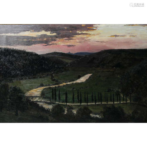 GOEBEL, PAUL (1877-?): Abendlandschaft mit Blick in ein Tal mit einer Brücke und Zyperessen,Öl/Lwd.,