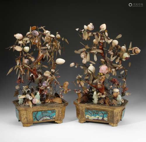 A PAIR OF JADE AND HARDSTONE TREES IN GILT-METAL ENAMEL JARDINIERES