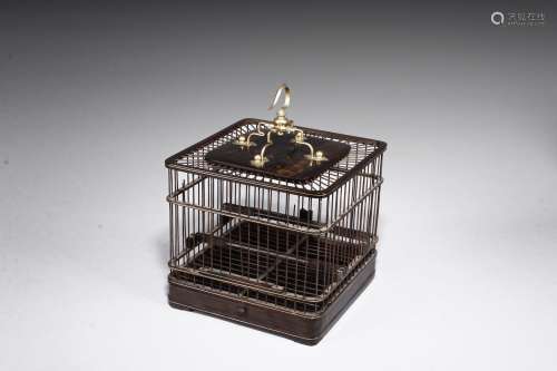 A CHINESE ROSEWOOD SQUARE BIRD CAGE
