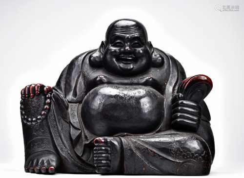 A LARGE WOOD LACQUER LAUGHING BUDDHA