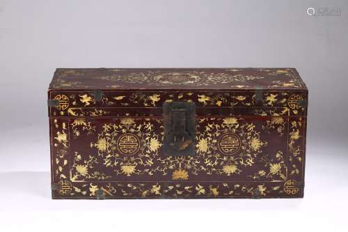A CHINESE RED LACQUER GILT PAINTED TRUNK