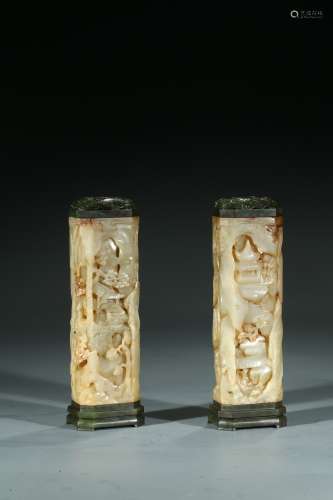 PAIR OF WHITE JADE 'LANDSCAPE' INCENSE CYLINDERS
