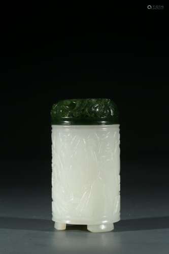 A WHITE JADE CARVED INCENSE HOLDER WITH GREEN JADE COVER