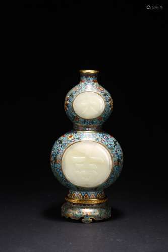 A CLOISONNE ENAMEL JADE INLAID DOUBLE GOURD VASE