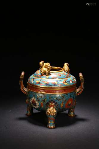 A CLOISONNE ENAMEL TRIPOD CENSER AND COVER