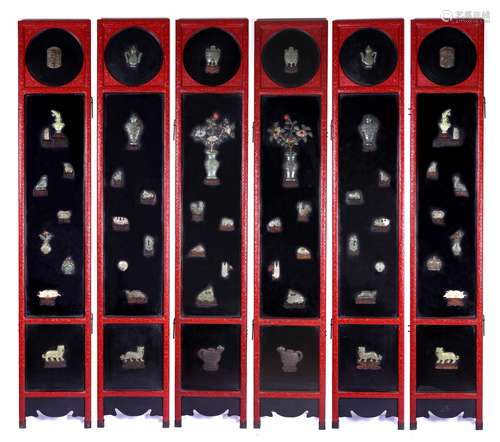 SET OF SIX CHINESE CINNABAR LACQUER HARDSTONE INLAID PANELS