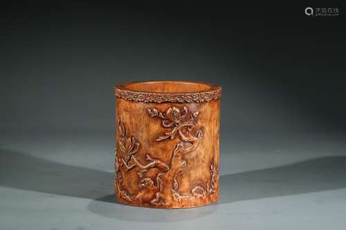 A CHINESE BOXWOOD CARVED AND INSCRIBED BRUSHPOT