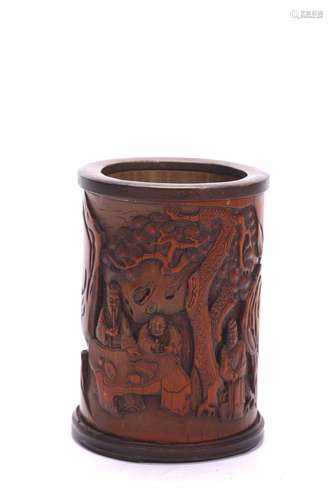 A BAMBOO CARVED 'FIGURES' BRUSHPOT