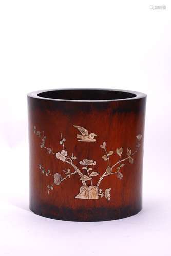 A LARGE HARDWOOD MOTHER OF PEARL INLAID BRUSHPOT