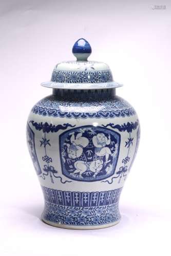 A CHINESE BLUE AND WHITE 'BOYS' JAR AND COVER