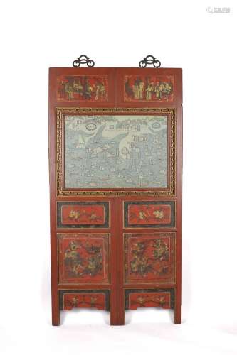 A RED AND GILT LACQUER WOOD 'HONG KONG MAP' PANEL SCREEN